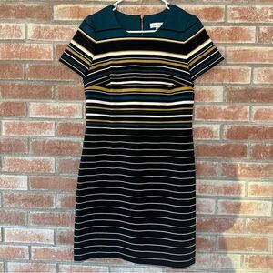 Calvin Klein Striped Sheath Dress Horizontal Short Sleeve Womens 8 Black Mustard